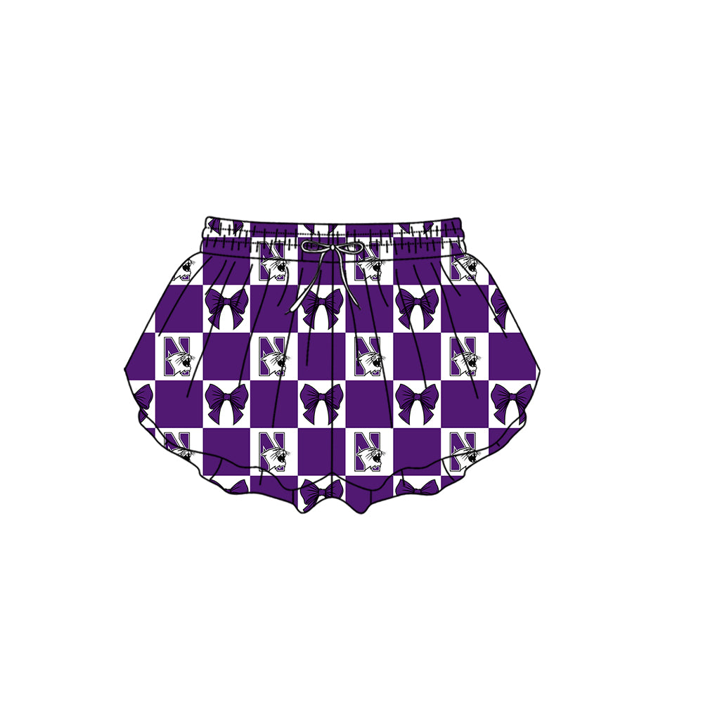 Preorder (moq 5)Baby Girls Purple N Tiger Bows Checked Team Ruffle Shorts Bottom