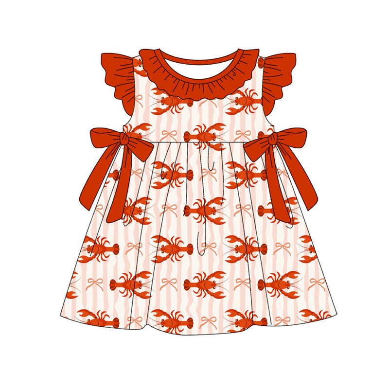Preorder (moq 5)Baby Girls Bows Crayfishes Stripe Collar Knee Length Dresses