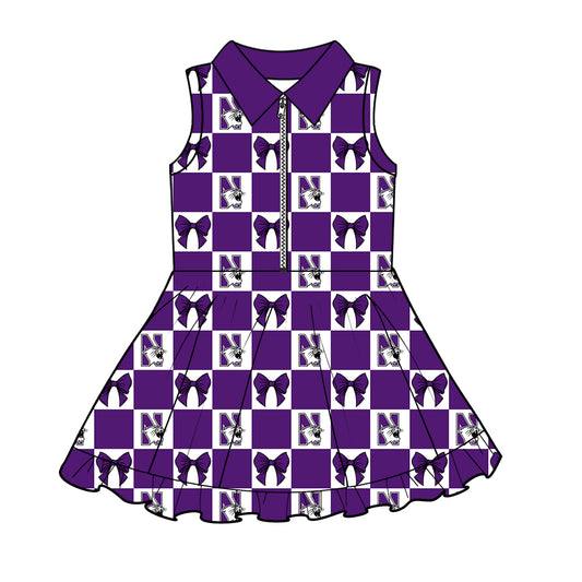 Preorder (moq 5)Baby Girls Purple N Tiger Bows Checked Zip Short Team Knee Length Dress