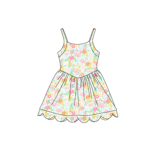 Preorder (moq 5)Baby Girls Strap Flamingo Flowers Scallop Shorts Knee Length Dresses