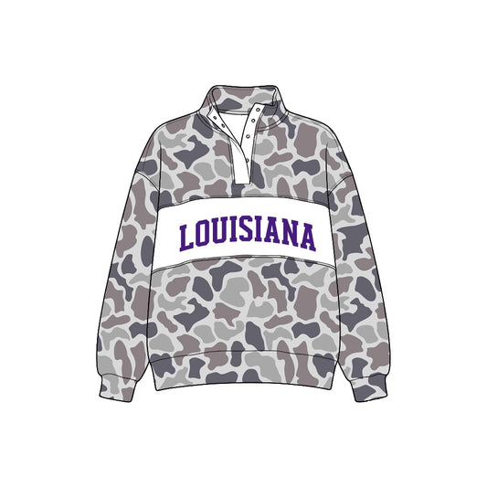 Preorder (moq5) Baby Boys Long Sleeve Grey Khaki Camo Louisiana Team Zip Pullovers Top