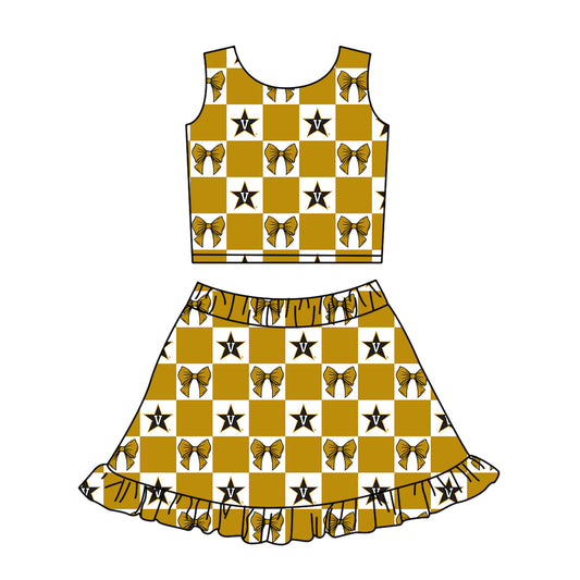 Preorder (moq 5)Baby Girls Gold Bow V Stars Checked Vest Ruffle Skirt Short Team Clothes Sets