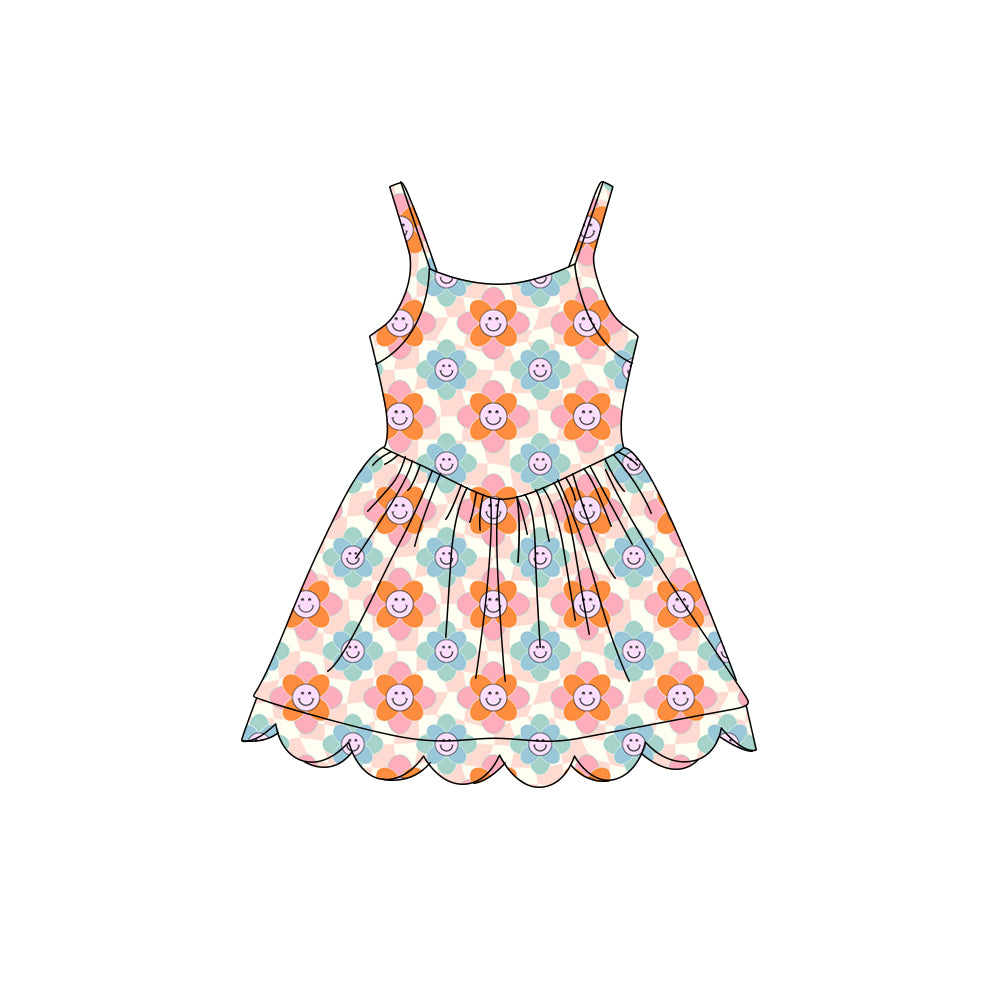 Preorder (moq 5)Baby Girls Strap Colorful Flowers Scallop Shorts Knee Length Dresses