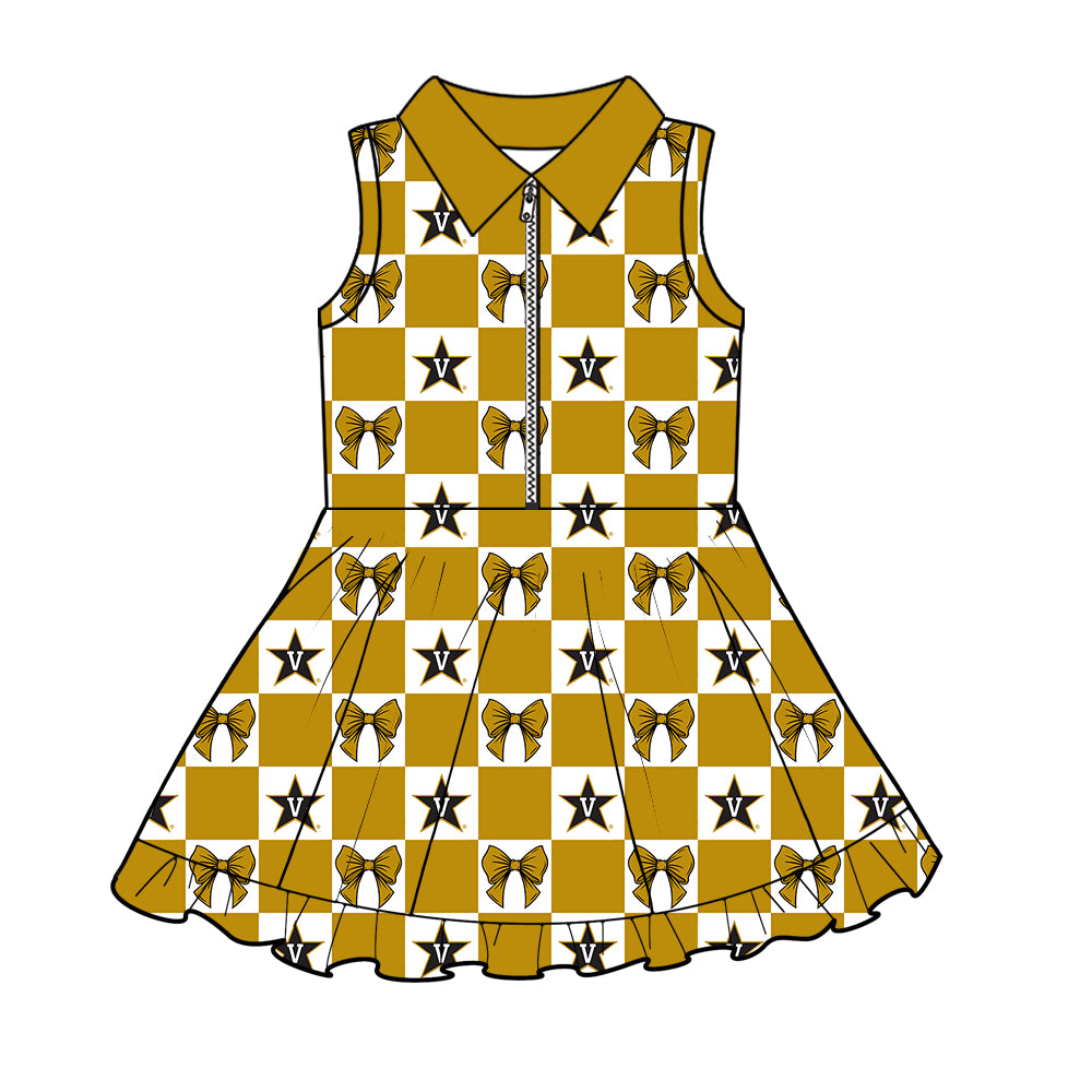 Preorder (moq 5)Baby Girls Gold Bow V Stars Checked Zip Short Team Knee Length Dresses