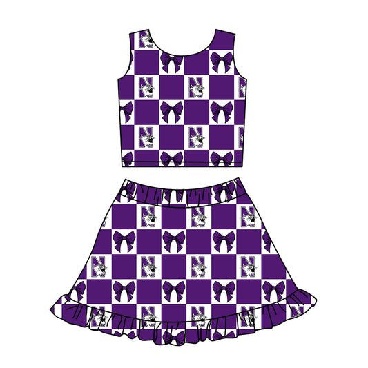 Preorder (moq 5)Baby Girls Purple N Tiger Bows Checked Vest Ruffle Skirt Short Team Clothes Sets