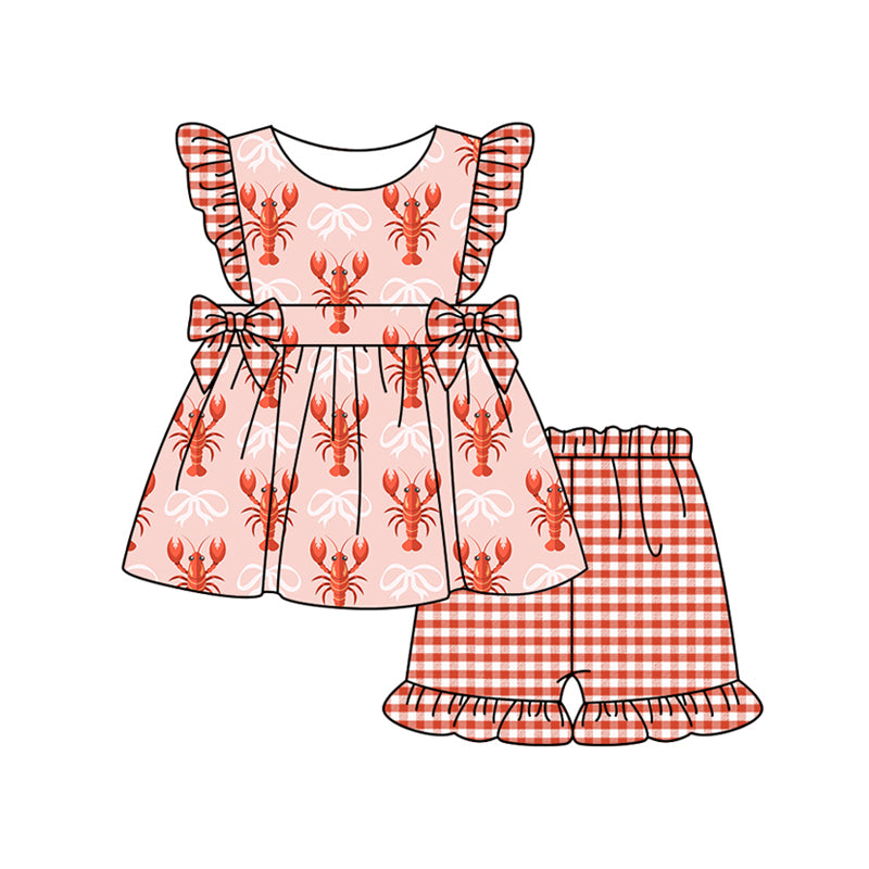 Preorder (moq 5)Baby Girls Pink Bows Crayfishes Tunic Checked Ruffle Shorts Clothes Set