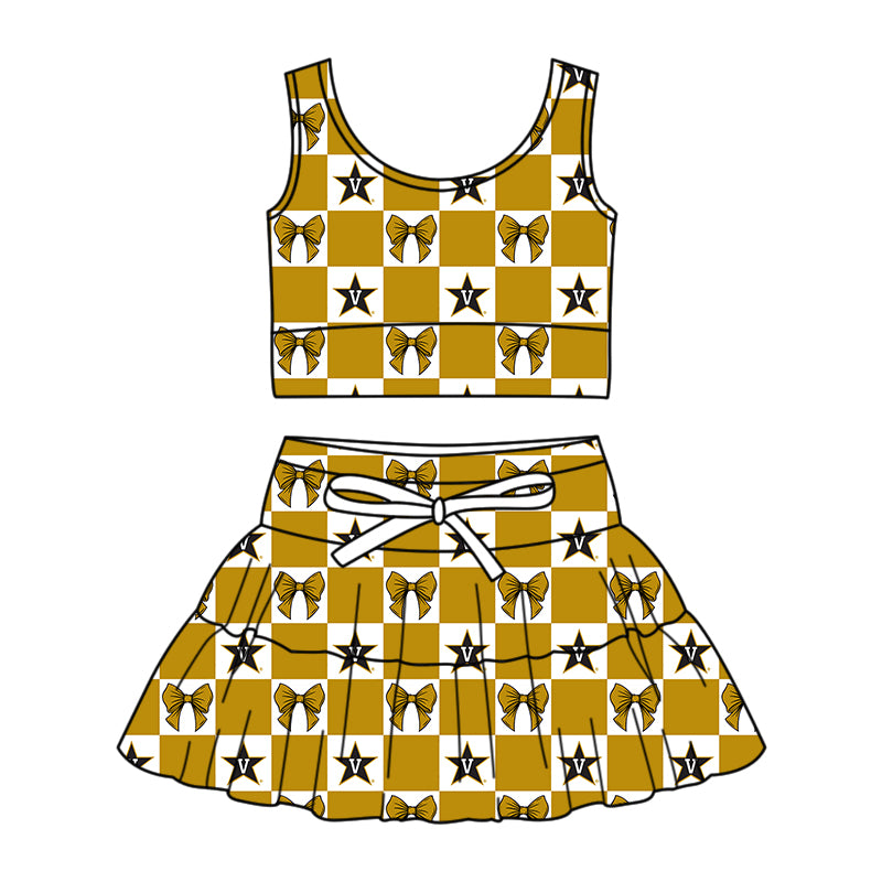 Preorder (moq 5)Baby Girls Gold Bow V Stars Checked Vest Top Skirt Short Team Clothes Sets