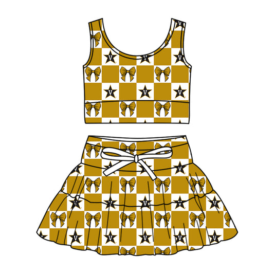 Preorder (moq 5)Baby Girls Gold Bow V Stars Checked Vest Top Skirt Short Team Clothes Sets
