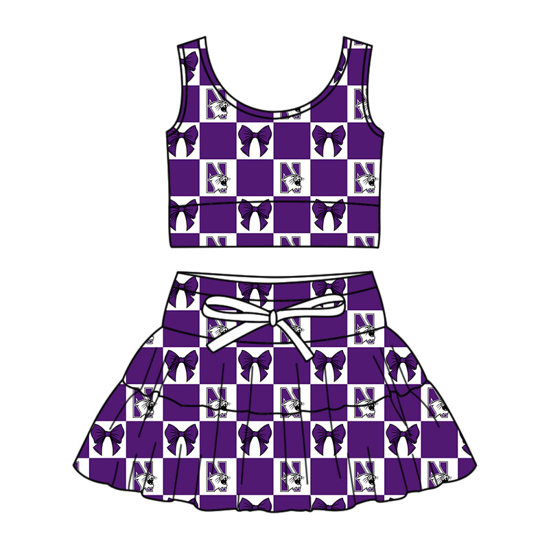 Preorder (moq 5)Baby Girls Purple N Tiger Bows Checked Vest Skirt Short Team Clothes Sets