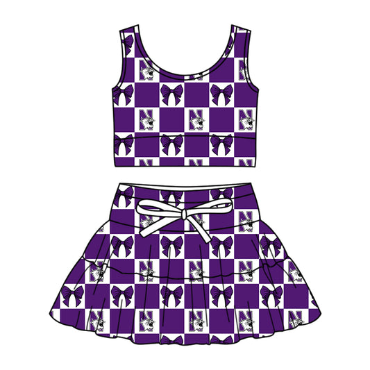 Preorder (moq 5)Baby Girls Purple N Tiger Bows Checked Vest Skirt Short Team Clothes Sets