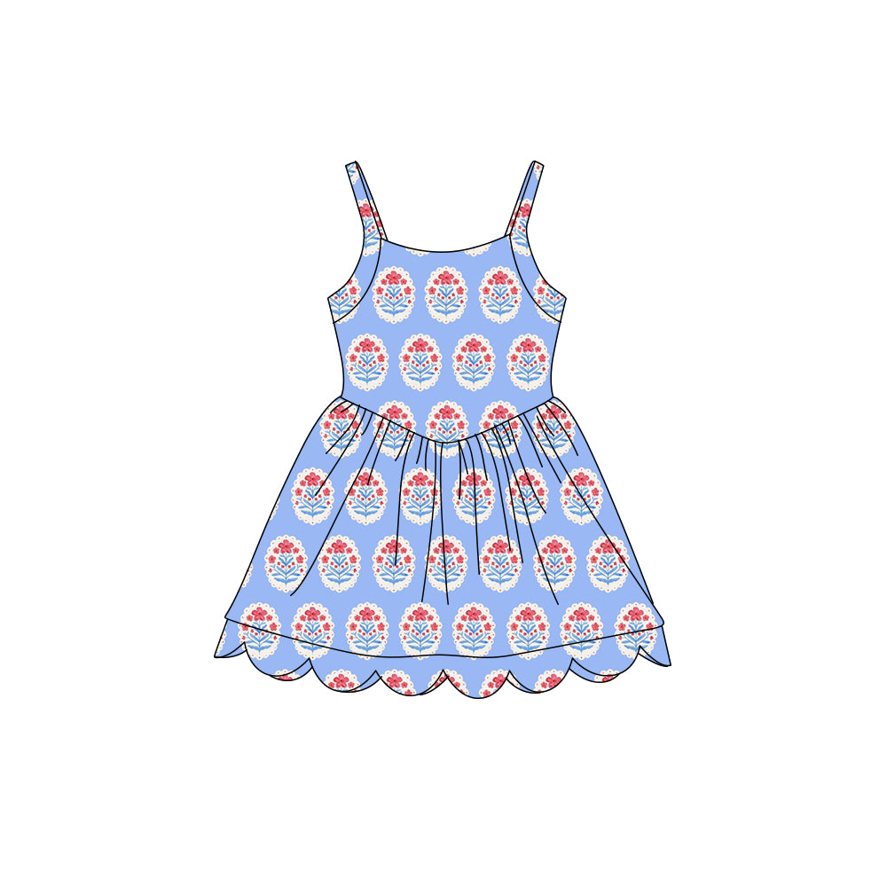 Preorder (moq 5)Baby Girls Strap Flowers Scallop Shorts Knee Length Dresses