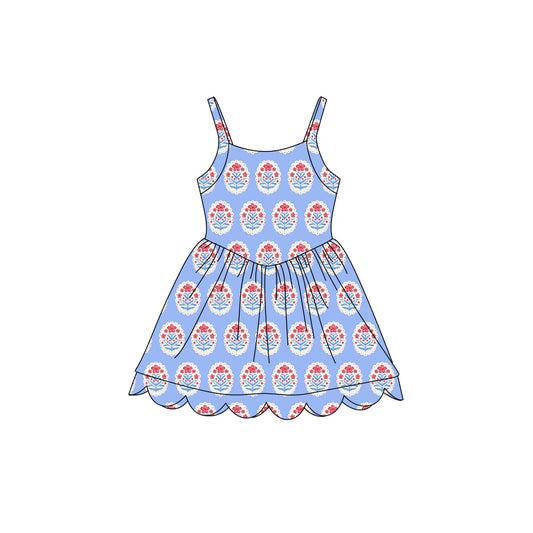 Preorder (moq 5)Baby Girls Strap Flowers Scallop Shorts Knee Length Dresses