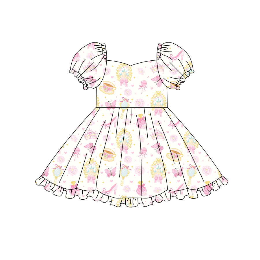 Preorder (moq 5)Baby Girls Short Sleeve Castles Butterfly Ruffle Knee Length Dresses