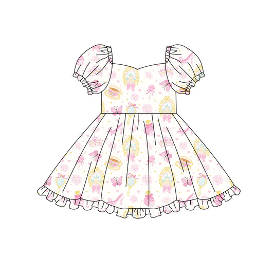 Preorder (moq 5)Baby Girls Short Sleeve Castles Butterfly Ruffle Knee Length Dresses