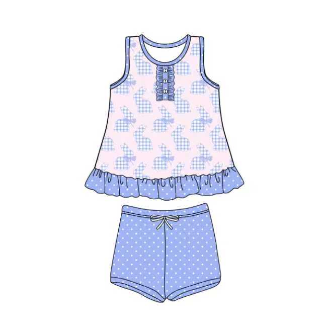 Preorder (moq 5)Baby Girls Checked Rabbits Button Tunic Polka Dots Shorts Easter Clothes Set