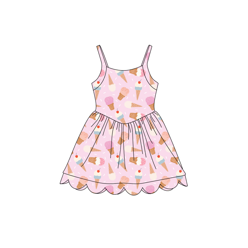 Preorder (moq 5)Baby Girls Strap Ice Cream Sprinkles Scallop Shorts Knee Length Dresses