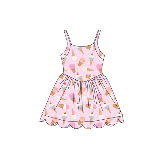 Preorder (moq 5)Baby Girls Strap Ice Cream Sprinkles Scallop Shorts Knee Length Dresses