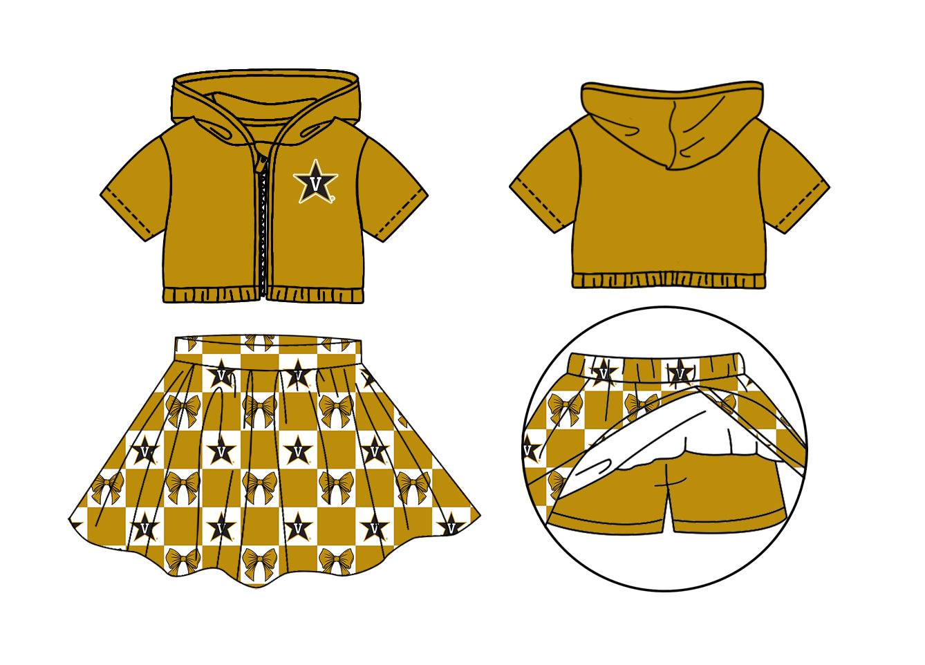 Preorder (moq 5)Baby Girls Gold Bows V Stars Zip Hoodie Jackets Skirt Short Team Clothes Sets