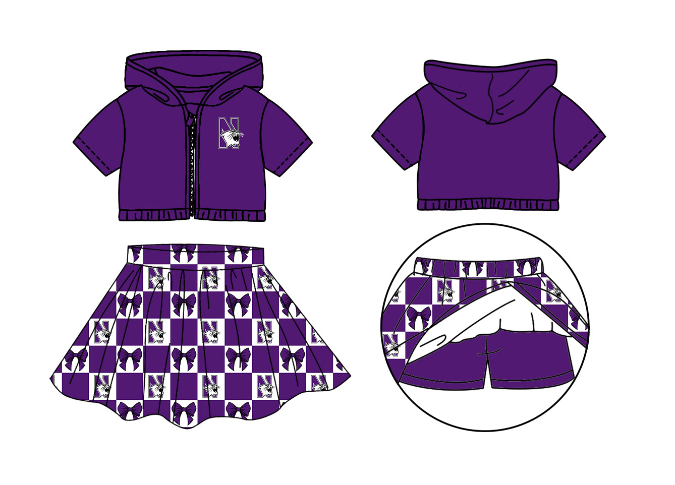 Preorder (moq 5)Baby Girls Purple N Tiger Bows Zip Hoodie Jackets Skirt Short Team Clothes Sets
