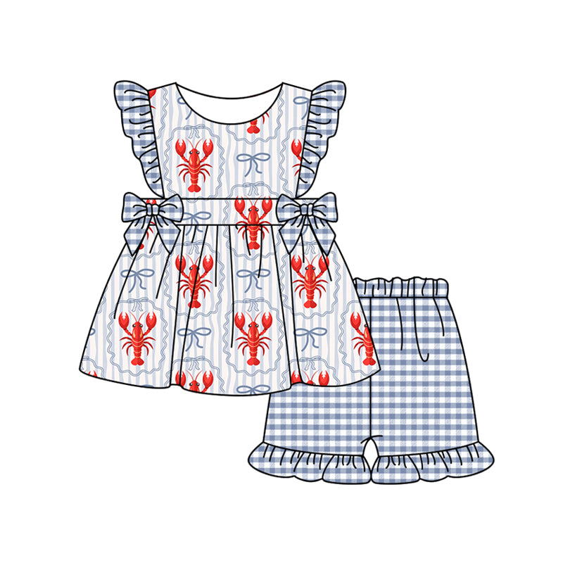 Preorder (moq 5)Baby Girls Blue Bows Crayfishes Tunic Checked Ruffle Shorts Clothes Set