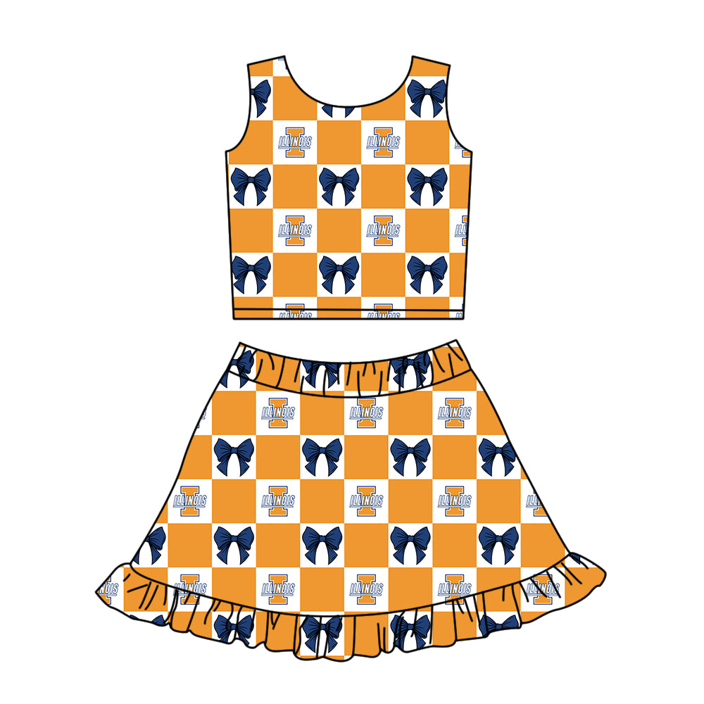 Preorder (moq 5)Baby Girls Orange Illinois Bows Checked Vest Ruffle Skirt Short Team Clothes Sets