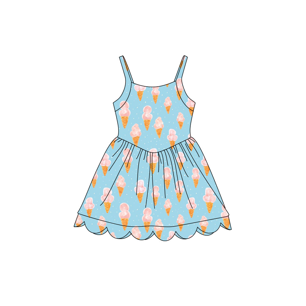 Preorder (moq 5)Baby Girls Strap Ice Cream Sprinkles Scallop Shorts Knee Length Dresses