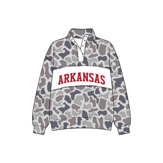 Preorder (moq5) Baby Boys Long Sleeve Grey Khaki Camo Arkansas Team Zip Pullovers Top