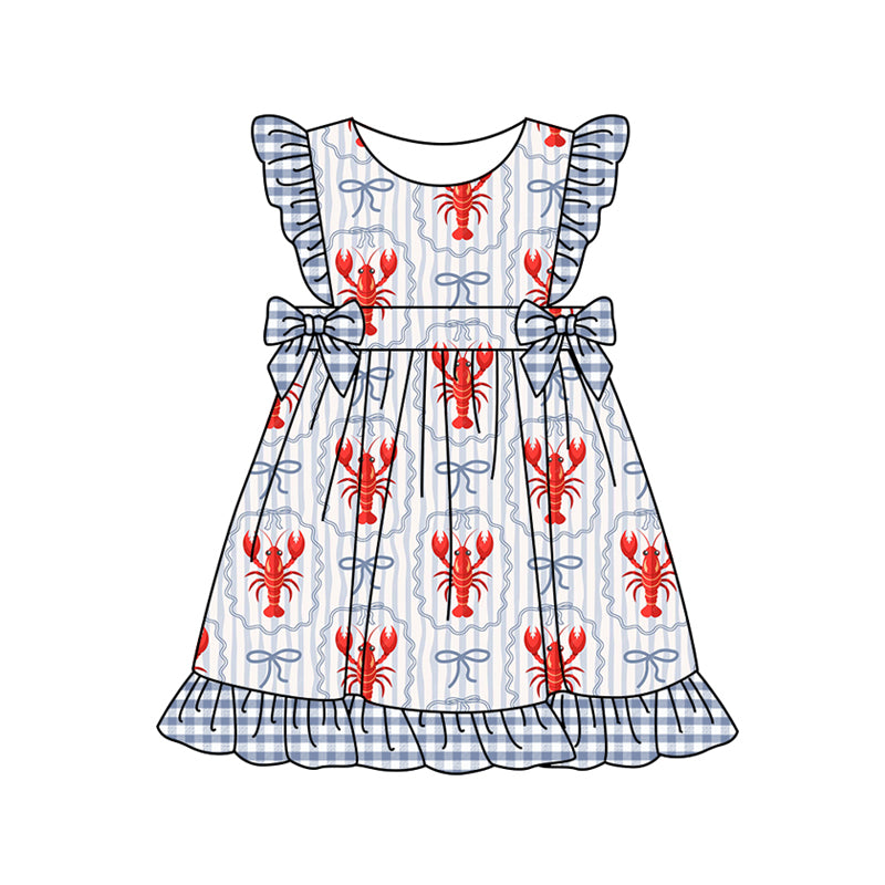 Preorder (moq 5)Baby Girls Blue Bows Crayfishes Ruffle Knee Length Dresses
