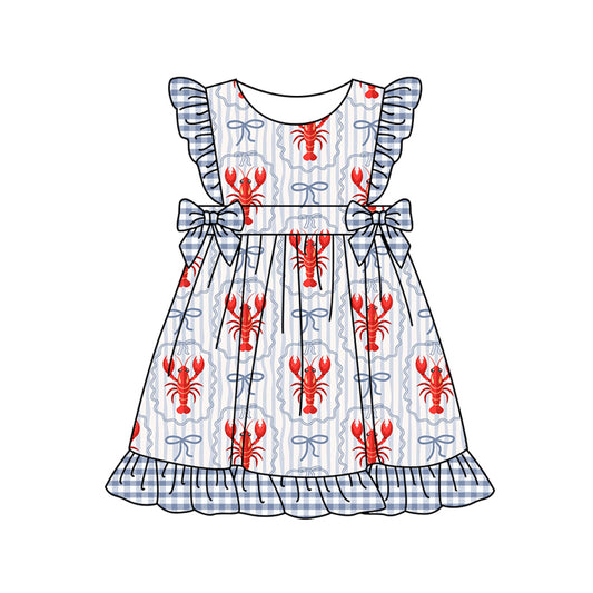 Preorder (moq 5)Baby Girls Blue Bows Crayfishes Ruffle Knee Length Dresses