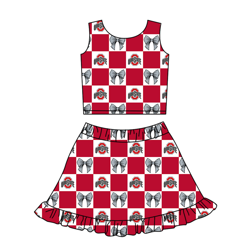Preorder (moq 5)Baby Girls Ohio State Bows Checked Vest Ruffle Skirt Short Team Clothes Set