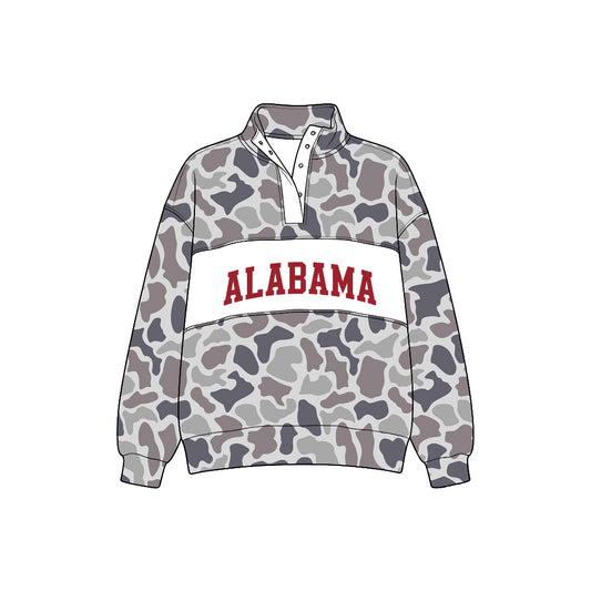Preorder (moq5) Baby Boys Long Sleeve Grey Khaki Camo Alabama Team Zip Pullovers Top