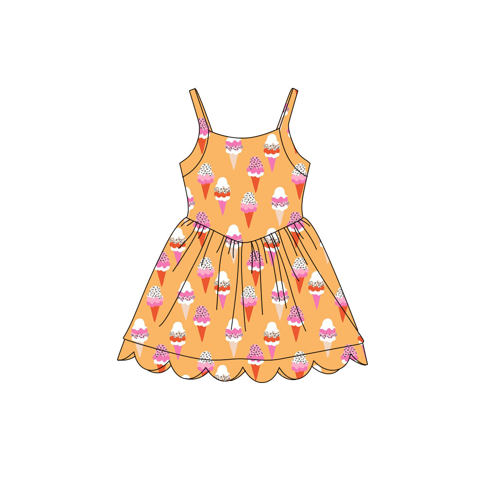 Preorder (moq 5)Baby Girls Strap Ice Cream Sprinkles Scallop Shorts Knee Length Dresses