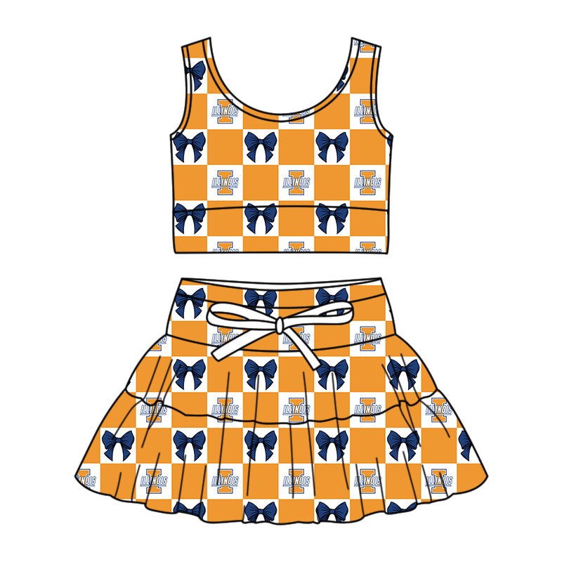 Preorder (moq 5)Baby Girls Orange Illinois Bows Checked Vest Top Skirt Short Team Clothes Sets