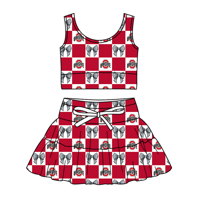 Preorder (moq 5)Baby Girls Ohio State Bows Checked Vest Skirt Short Team Clothes Set