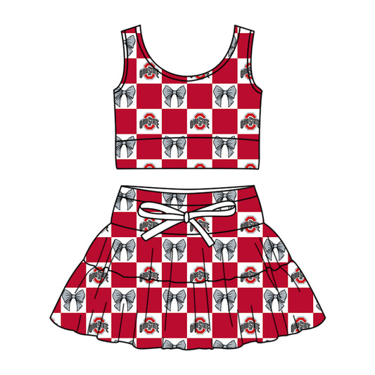 Preorder (moq 5)Baby Girls Ohio State Bows Checked Vest Skirt Short Team Clothes Set