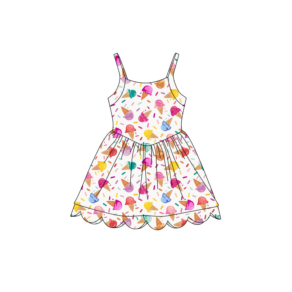 Preorder (moq 5)Baby Girls Strap Ice Cream Sprinkles Scallop Shorts Knee Length Dresses