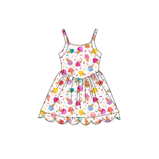 Preorder (moq 5)Baby Girls Strap Ice Cream Sprinkles Scallop Shorts Knee Length Dresses