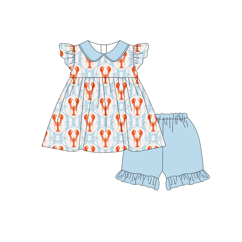 Preorder (moq 5)Baby Girls Bows Crayfishes Checked Collar Tunic Ruffle Shorts Clothes Set
