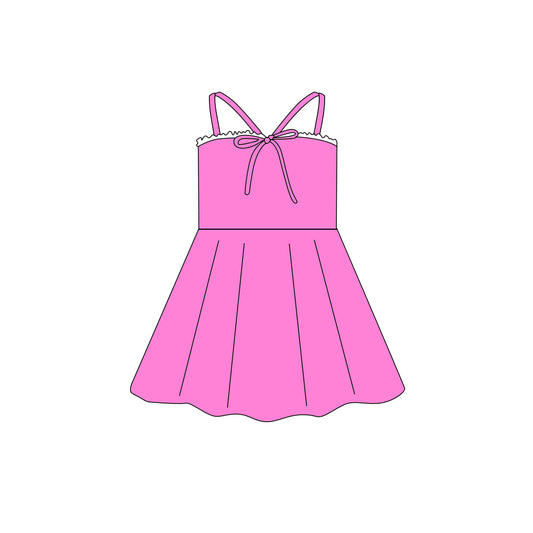 Preorder (moq 5)Baby Girls Strap Pink Bow Top Knee Length Dresses