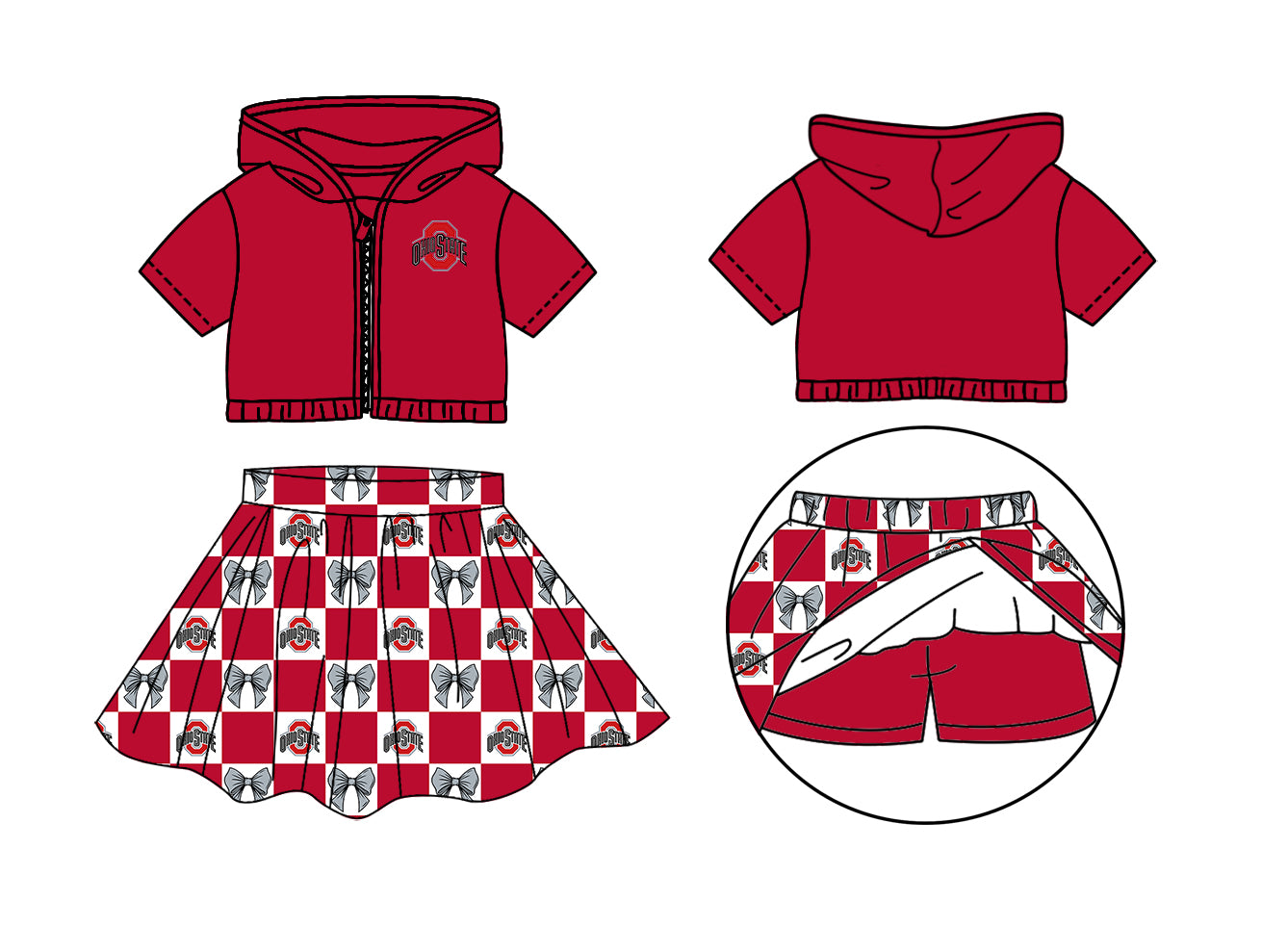 Preorder (moq 5)Baby Girls Ohio State Bows Zip Hoodie Jackets Skirt Short Team Clothes Sets