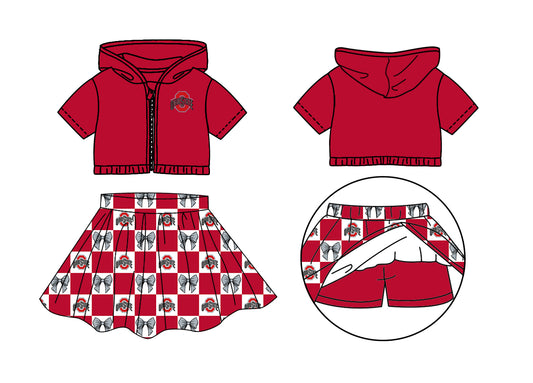 Preorder (moq 5)Baby Girls Ohio State Bows Zip Hoodie Jackets Skirt Short Team Clothes Sets