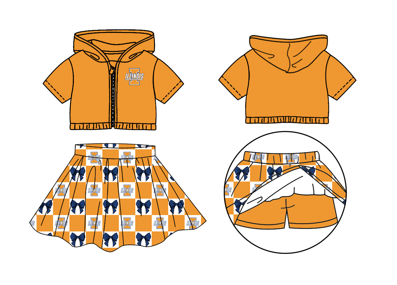 Preorder (moq 5)Baby Girls Orange Illinois Bows Zip Hoodie Jackets Skirt Short Team Clothes Sets