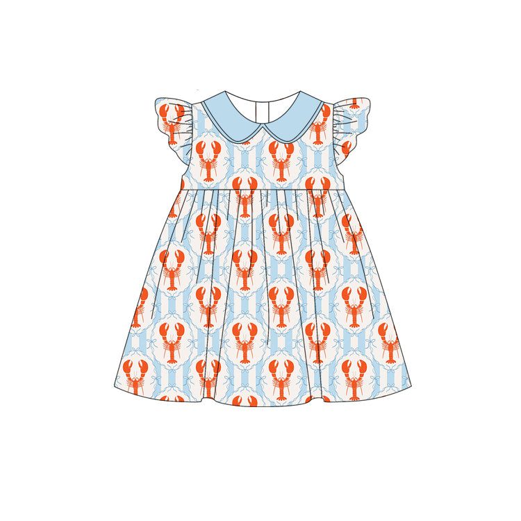 Preorder (moq 5)Baby Girls Bows Crayfishes Checked Collar Knee Length Dresses
