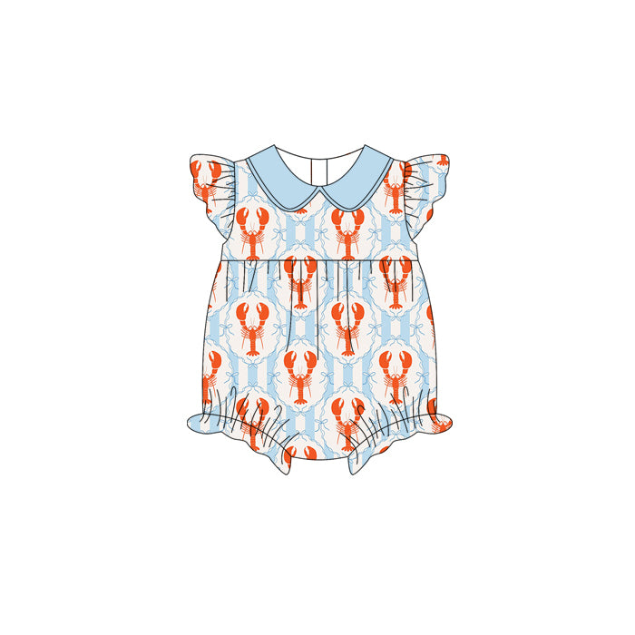 preorder(moq 5) Baby Girls Flutter Sleeve Bows Crayfishes Checked Collar Ruffle Rompers