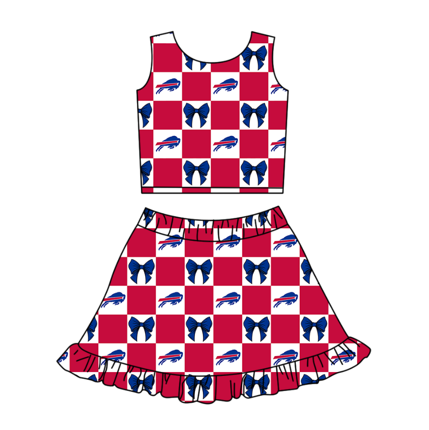 Preorder (moq 5)Baby Girls Blue Bulls Bows Checked Vest Ruffle Skirt Short Team Clothes Sets