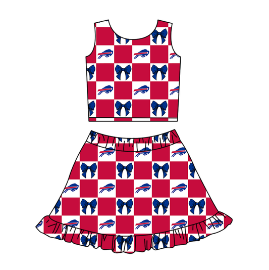 Preorder (moq 5)Baby Girls Blue Bulls Bows Checked Vest Ruffle Skirt Short Team Clothes Sets