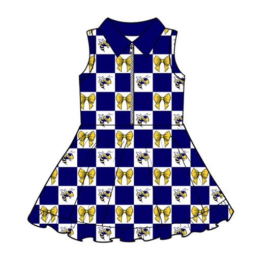 Preorder (moq 5)Baby Girls Hornets Bows Checked Zipper Short Team Knee Length Dresses