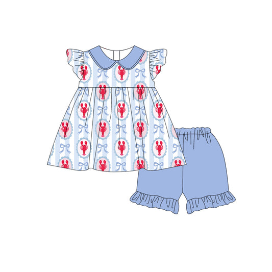 Preorder (moq 5)Baby Girls Bows Crayfishes Stripe Collar Tunic Ruffle Shorts Clothes Set