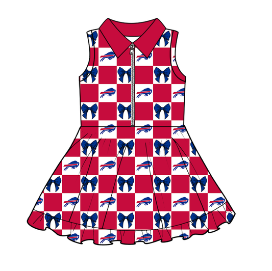 Preorder (moq 5)Baby Girls Blue Bulls Bows Checked Zipper Short Team Knee Length Dresses