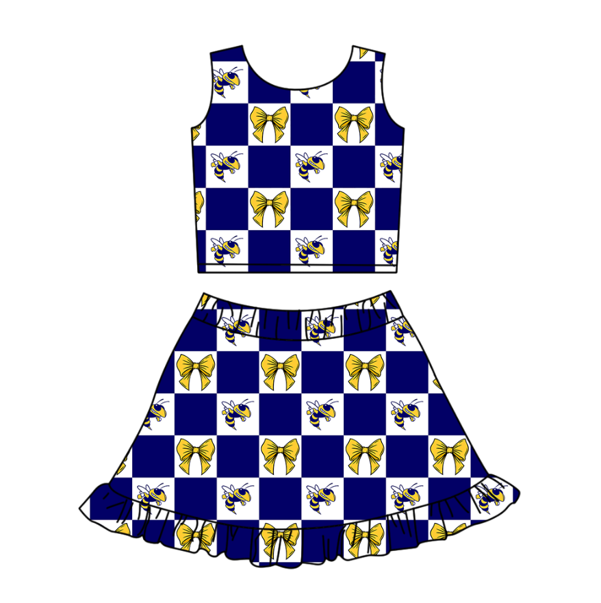 Preorder (moq 5)Baby Girls Hornets Bows Checked Vest Ruffle Skirt Short Team Clothes Set